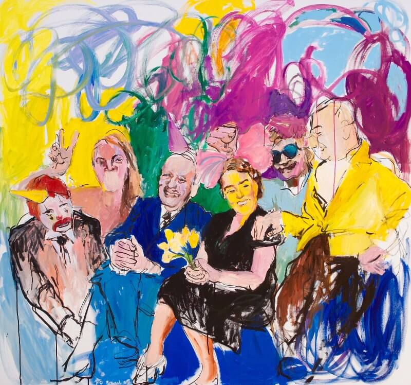 Auf ihren Stirnen hat gelber Schein alle Gedanken verdrängt, 2015, Acryl / Tusche auf Leinwand, 140 x 150 cm