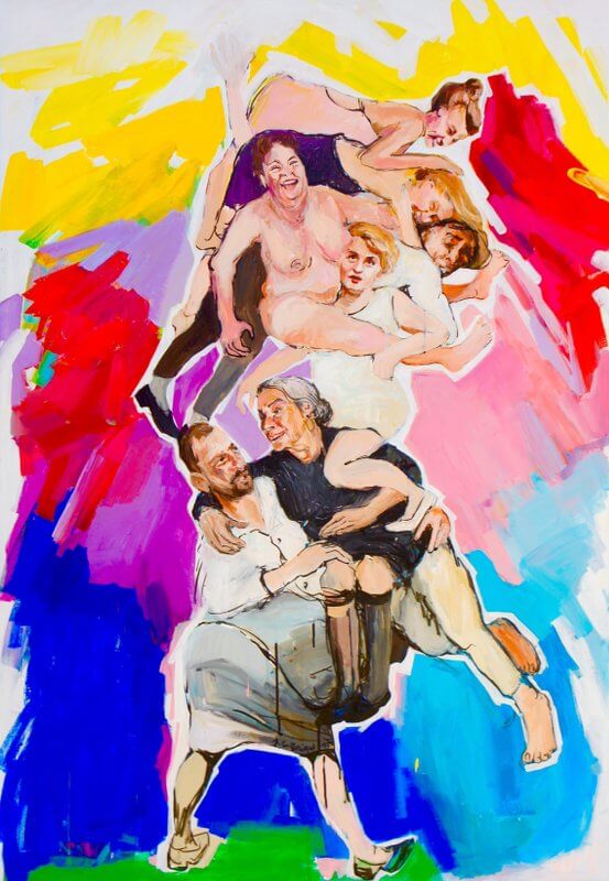 So schaust du eine wankende Welt, durcheinandergehäuft, 2015, Acryl / Tusche auf Leinwand, 130 x 90 cm