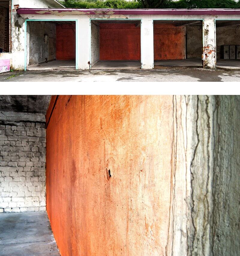 Andreas von Ow: Backsteinwand (Bob’s Service, Wuppertal) 2013, Backsteine der Tankstelle in Wuppertal und Acrylbinder, auf Gebäuderückwand, ca. 2,50 x 11,00 m