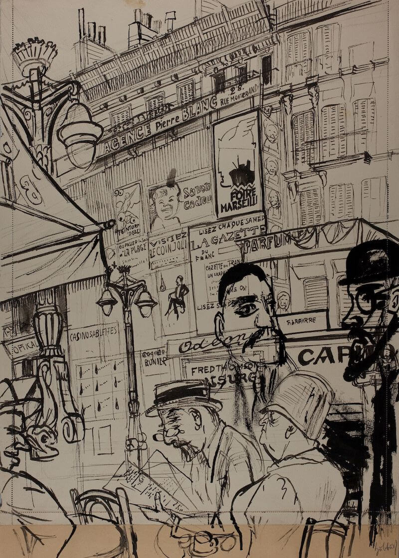 Karl Hubbuch: Auf dem Boulevard Bonne Nouvelle, 1930 Schwarze Tusche über Bleistift auf Karton, unten und rechts mit braunem Karton ergänzt 54,4 x 38,7 cm Germanisches Nationalmuseum, Graphische Sammlung