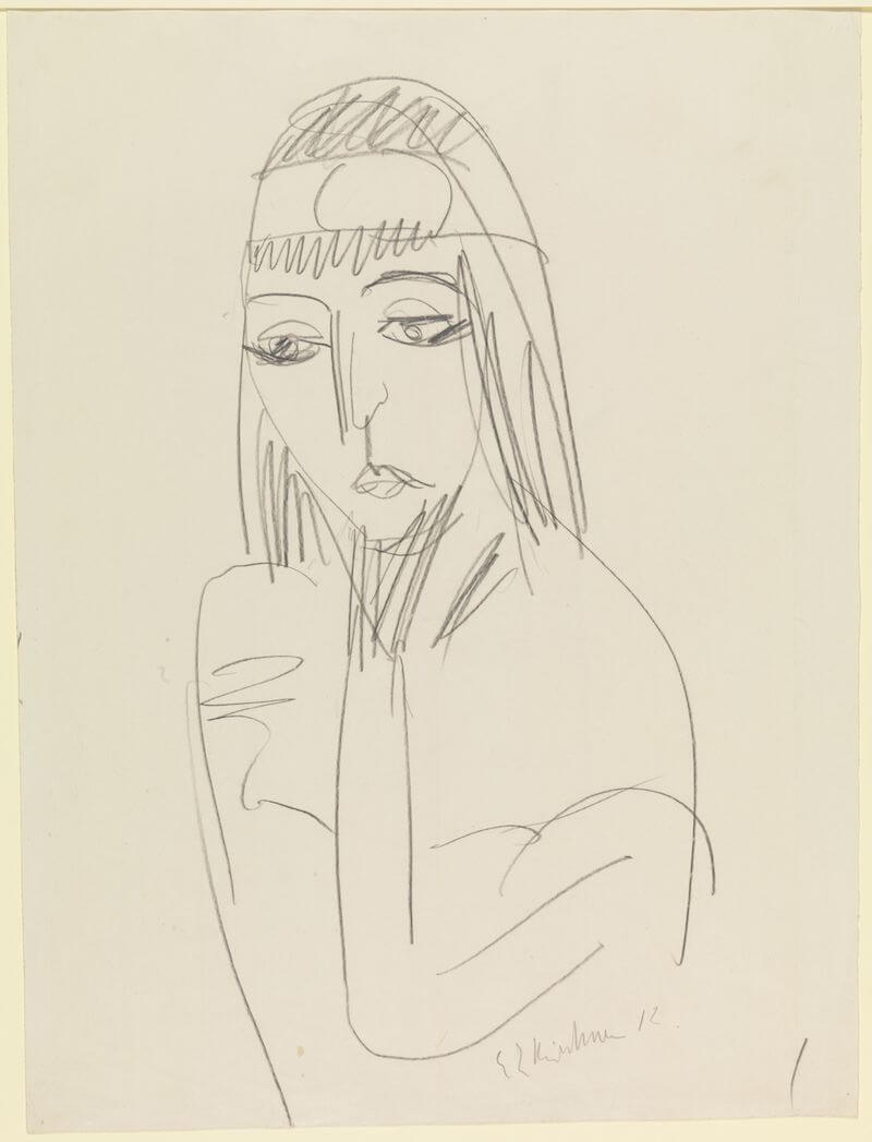 Ernst Ludwig Kircher: Kopf Erna mit Stirnreif, um 1912 Bleistift auf Papier 53,8 x 37,9 cm Germanisches Nationalmuseum, Graphische Sammlung