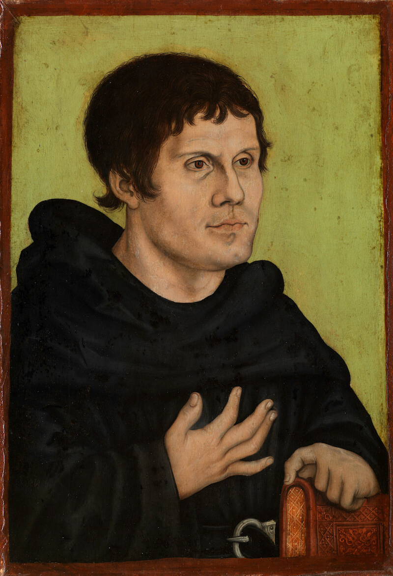 Lucas Cranach / Werkstatt: Luther als Augustinermönch, wohl 2. Hälfte 16. Jahrhundert Malerei auf Buchenholz 43,6 cm hoch x 29,8 cm breit Germanisches Nationalmuseum, Nürnberg, Dauerleihgabe der Paul Wolfgang Merkel’schen Familienstiftung
