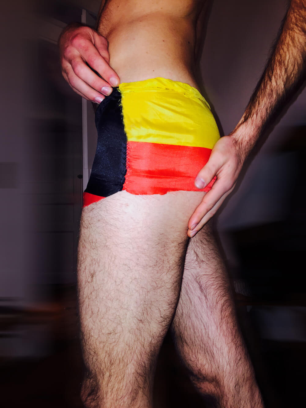 Alternative für Deutschlandflaggen, Schnittmuster Typ 'Unterhose', Anwendungsbeispiel Größe S (EUR), 2017 Alternative für Deutschlandflaggen, Schnittmuster Typ 'Unterhose', 2017 Foto: Olga Seehafer