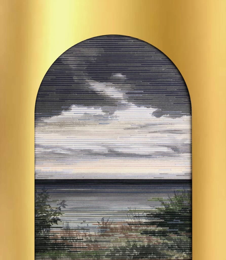 Jaula d’oro IV, Tusche/Garn auf Leinwand, Acrylspiegelglas,70 x 60 cm, 2019, © Linda Männel