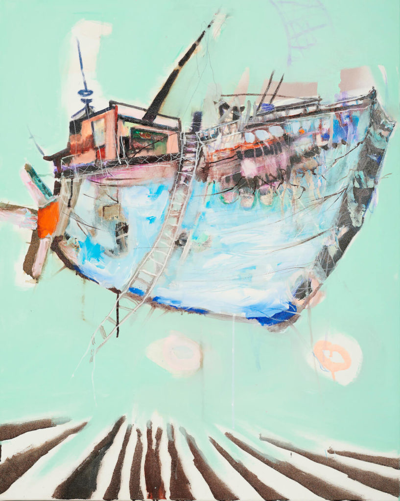 Anna Wenning, Hafen, 2018, Acryl, Lack und Öl auf Leinwand, 100 x 80 cm