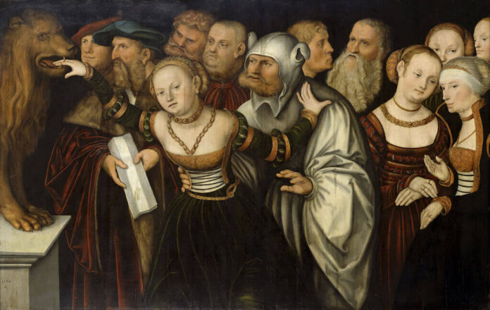 Lucas Cranach d. Ä. und Werkstatt: Die Fabel vom Mund der Wahrheit, 1534 Malerei auf Buchenholz 75,5 cm hoch x 117,4 cm breit Germanisches Nationalmuseum, Nürnberg Leihgabe der Bayerischen Staatsgemäldesammlungen Lucas Cranach d. Ä. und Werkstatt: Die Fabel vom Mund der Wahrheit, 1534 Malerei auf Buchenholz 75,5 cm hoch x 117,4 cm breit Germanisches Nationalmuseum, Nürnberg Leihgabe der Bayerischen Staatsgemäldesammlungen