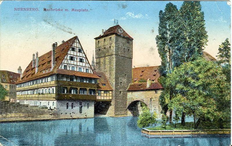 Der Weinstadel am Maxplatz in Nürnberg, kolorierte Postkarte um 1918