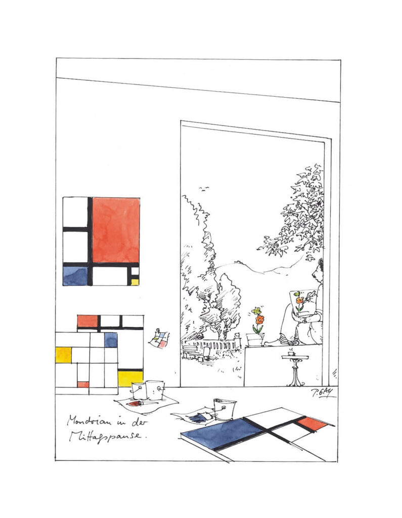 Peter Gaymann, Mondrian in der Mittagspause, Tusche und Aquarell auf Papier, 38 x 28cm, signiert, Unikat