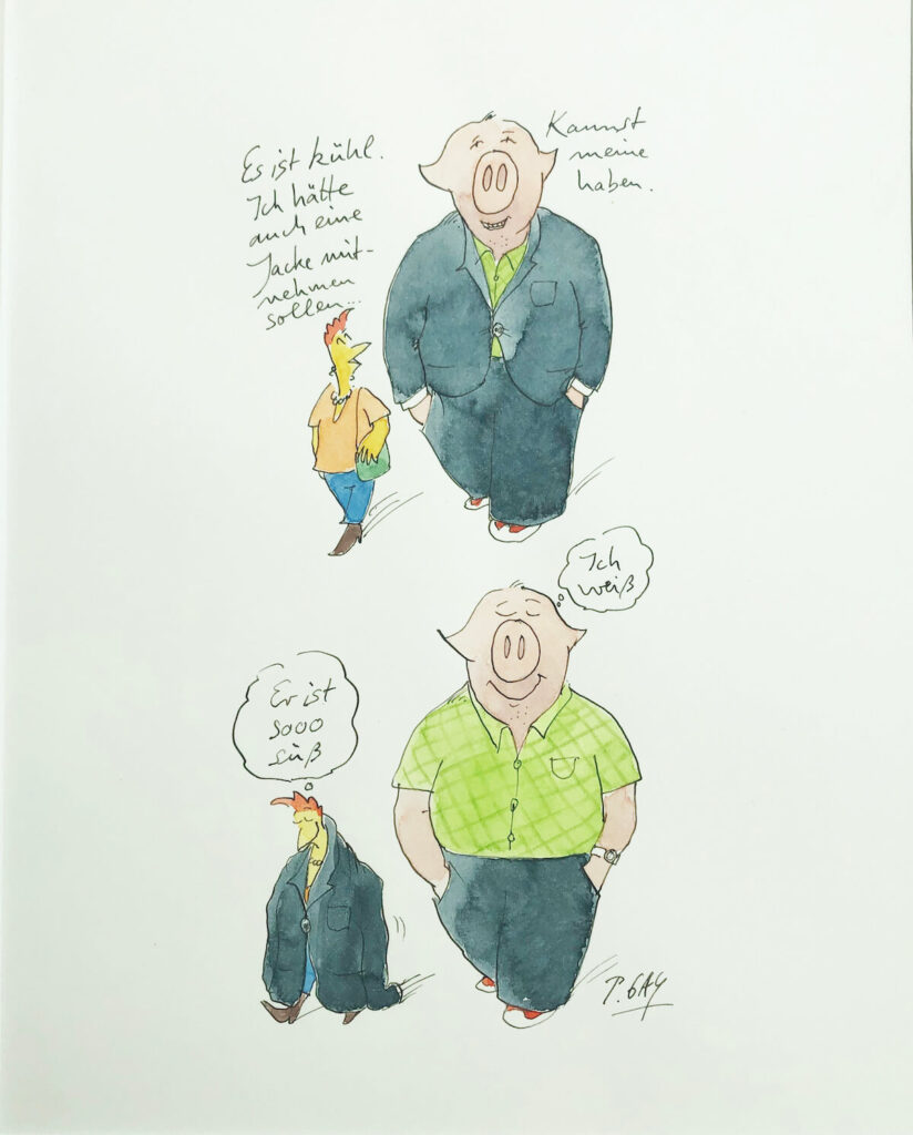 Peter Gaymann, 2 Es ist kühl, Tusche und Aquarell auf Papier, 38 x 28,5 cm, signiert, Unikat