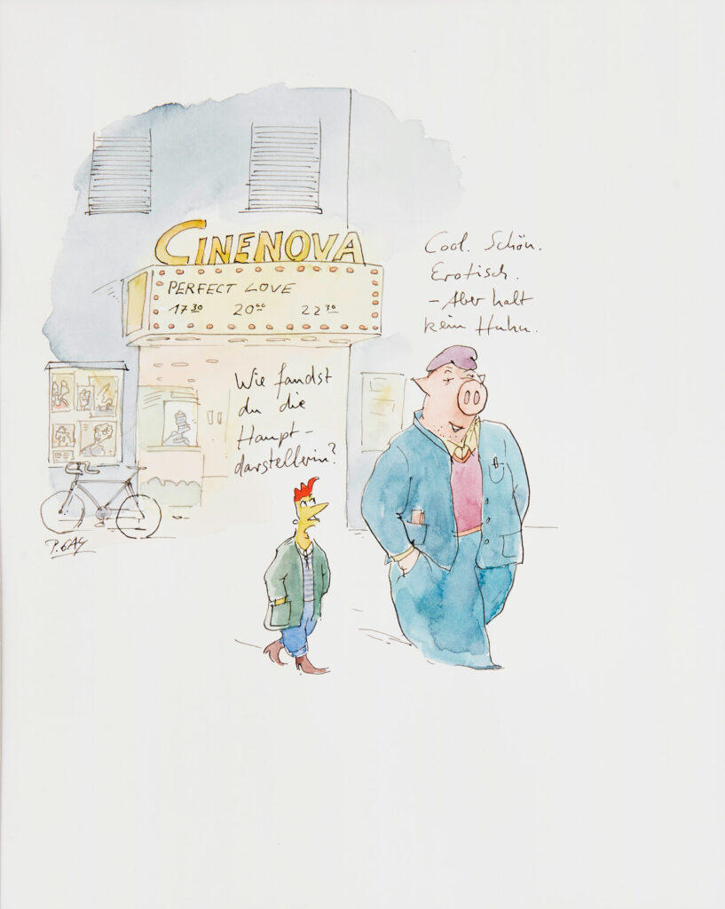 Peter Gaymann, Wie fandest du die Hauptdarstellerin?, Tusche und Aquarell auf Papier, 38 x 28,5cm, signiert, Unikat