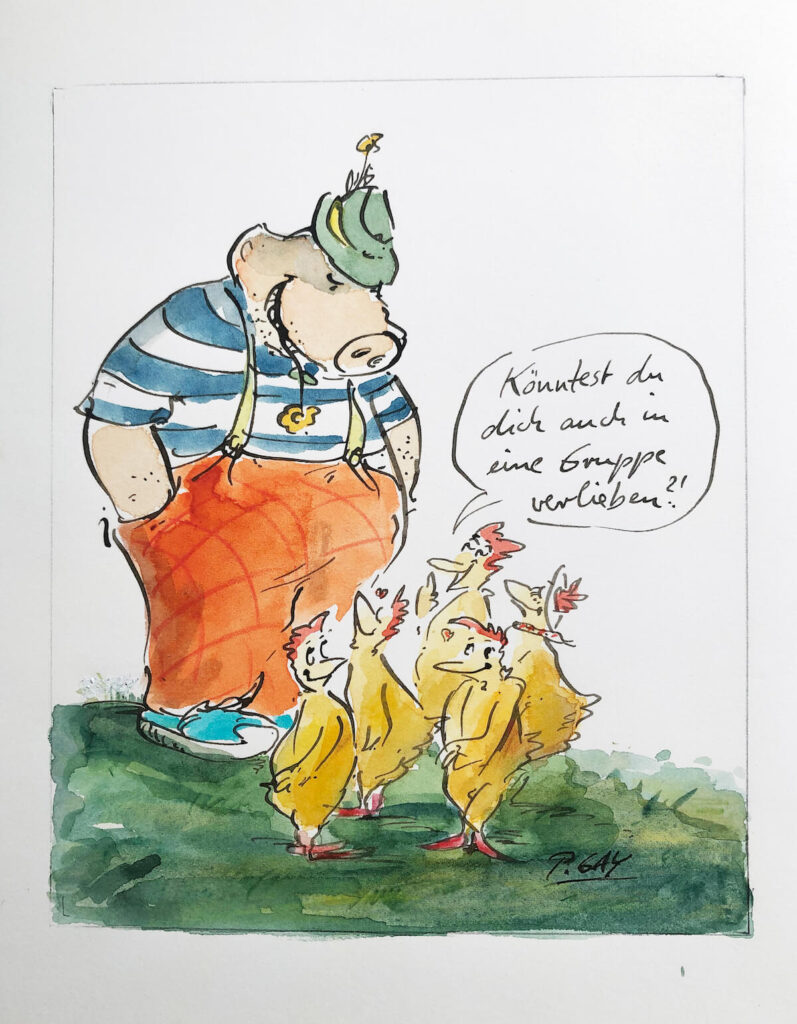 Peter Gaymann, Könntest du dich auch in eine Gruppe verlieben?, Tusche und Aquarell auf Papier, 28 x 19,5cm, signiert, Unikat