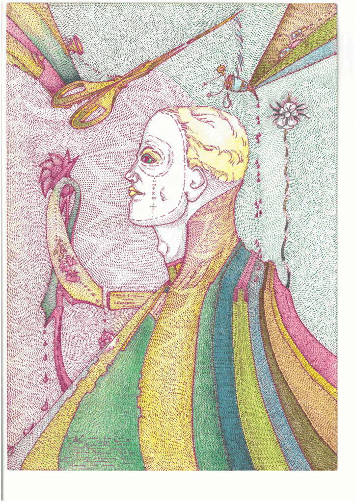 Albert Leo Peil, Modemeister Stamm zu Nürnberg Junior (Maison des Modes), 1989, Tusche und Farbstift auf Papier, 32 x 24 cm, Foto: kunst galerie fürth