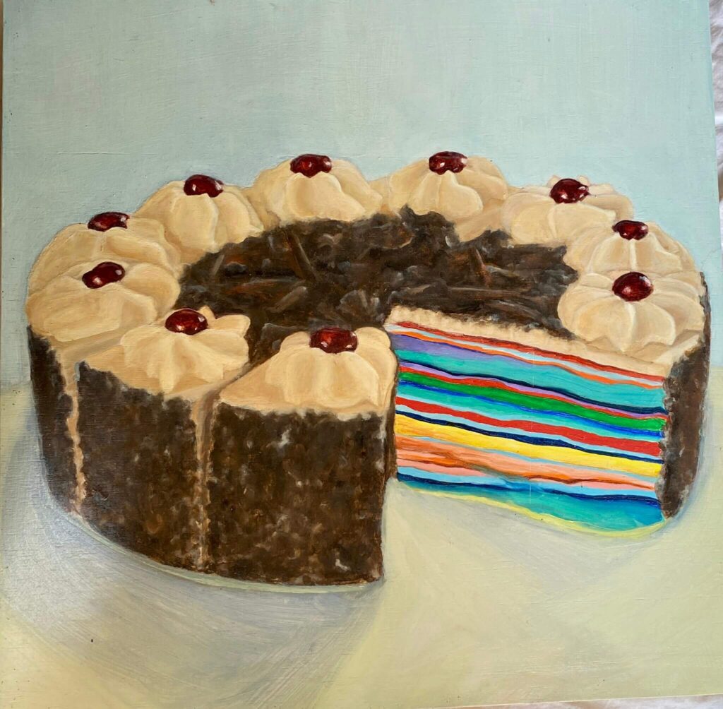Jennifer Hauch, „Kirschtorte“, 2016. Öl auf Holzpaneel
