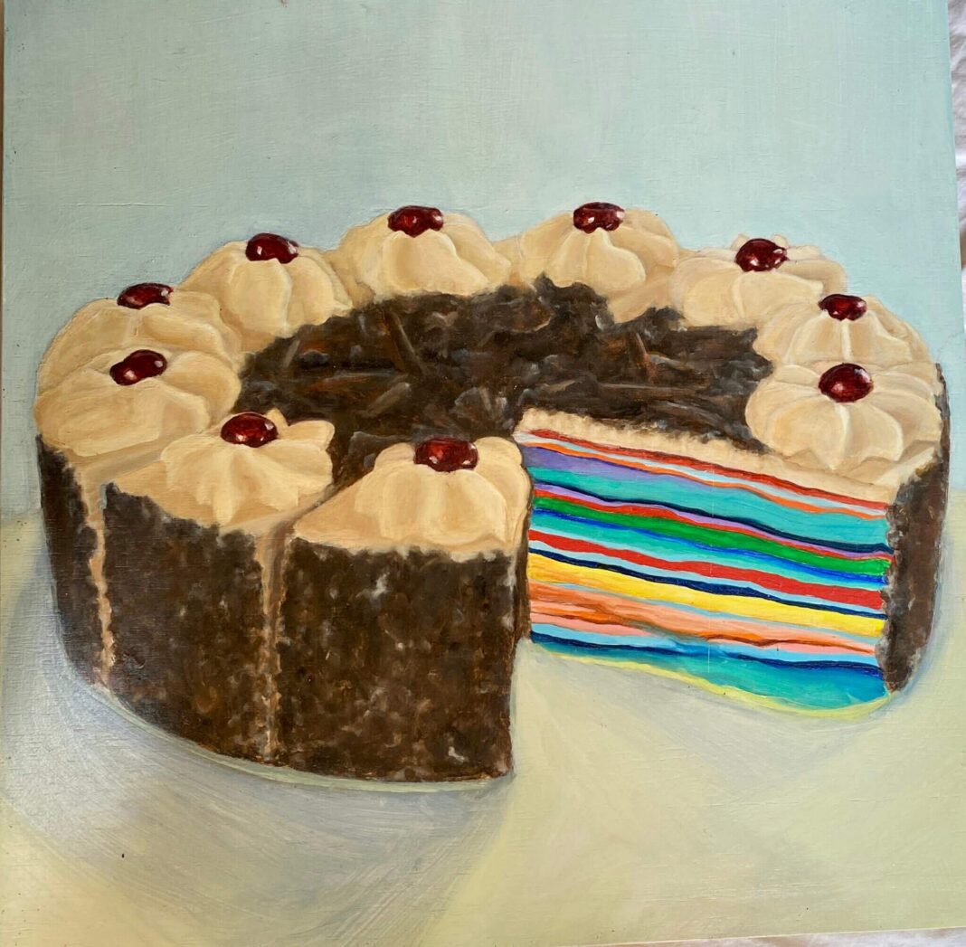 Jennifer Hauch, „Kirschtorte“, 2016. Öl auf Holzpaneel