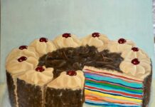 10 im Schloss – Zeitgenössische Kunst aus dem Erlanger Oberland Jennifer Hauch, „Kirschtorte“, 2016. Öl auf Holzpaneel