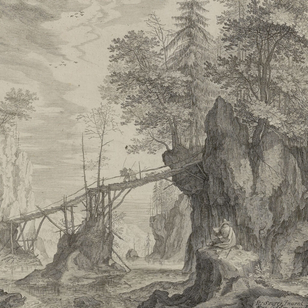 Aegidius Sander nach Roelant Savery: Zeichner in einer Landschaft mit Brücke, 1609 Radierung 21,8 cm hoch x 27,7 cm breit Germanisches Nationalmuseum, Nürnberg