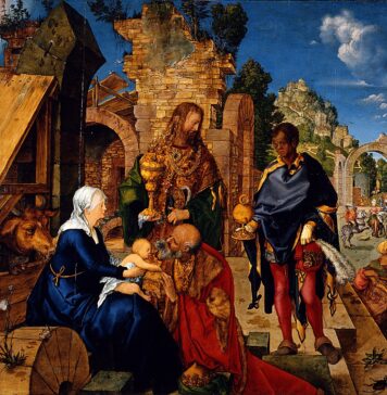 Weihnachtsgrüße von kunstnuernberg.de Albrecht Dürer: Anbetung der Könige, 1504, Öl auf Holz, 99 x 113,5 cm, Uffizien, Florenz