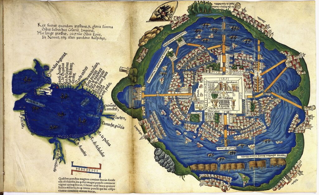 Plan von Tenochtitlán und des Golfs von Mexiko, in: Hernan Cortes: Praeclara Ferdinandi Cortesii de Nova maris Oceani Hyspania Narratio, Nürnberg, Friedrich Peypus, 1524 Österreichische Nationalbibliothek, Wien Kat. Nr. 105