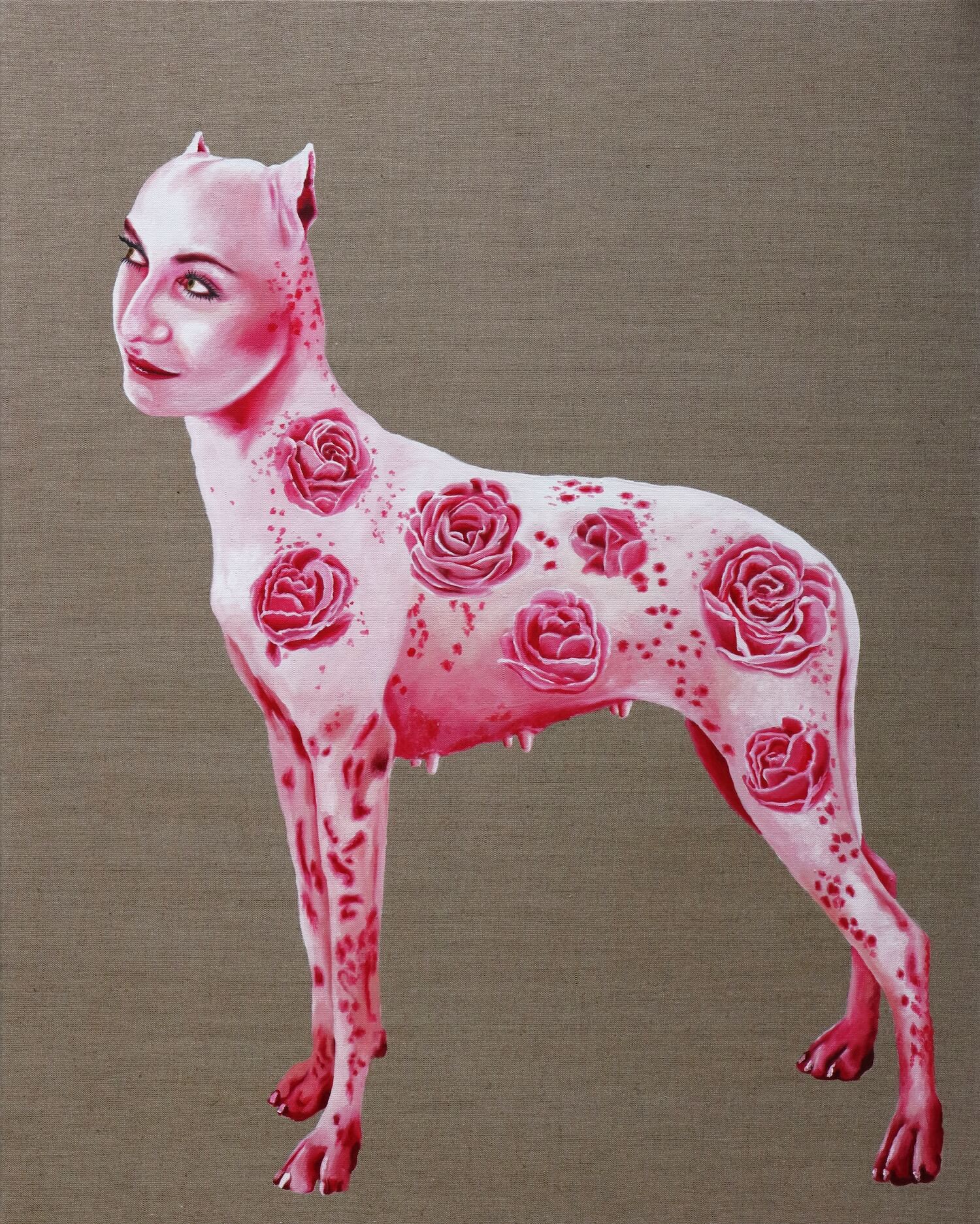 Gemälde eines rosafarbenen Vierbeiners mit menschlichem Gesicht und Rosen auf dem Körper