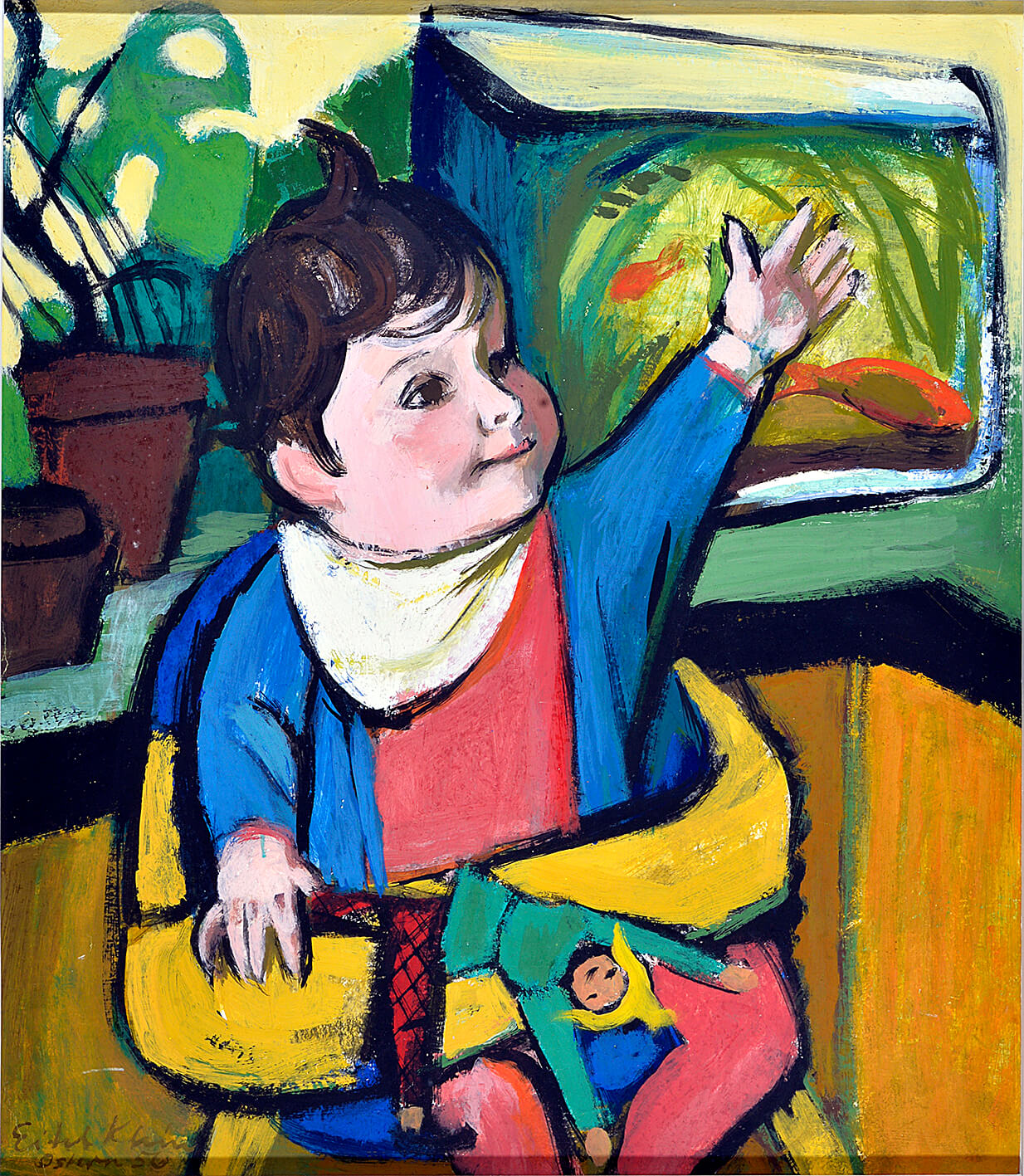 Gemälde eines Kleinkinds mit dunklem Haar in blauem Jäckchen und weißem Lätzchen, das eine Hand hebt und eine Puppe auf dem Schoß hält, vor gelben und grünen Farbflächen