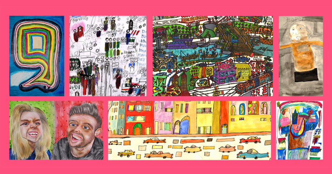 Collage aus sieben Zeichnungen und Gemälden auf rosa Grund: eine farbige Spirale in Form einer 9, eine detailreiche Stadtlandschaft, zwei karikierte Gesichter, eine Straße mit bunten Häusern und Autos und weitere Figuren