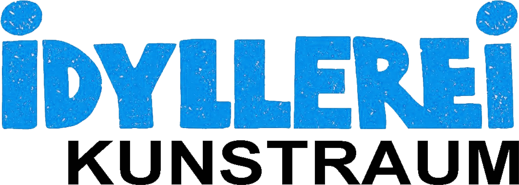 Logo des Kunstraums IDYLLEREI: blaue, handgezeichnete Buchstaben IDYLLEREI über dem schwarzen Wort KUNSTRAUM