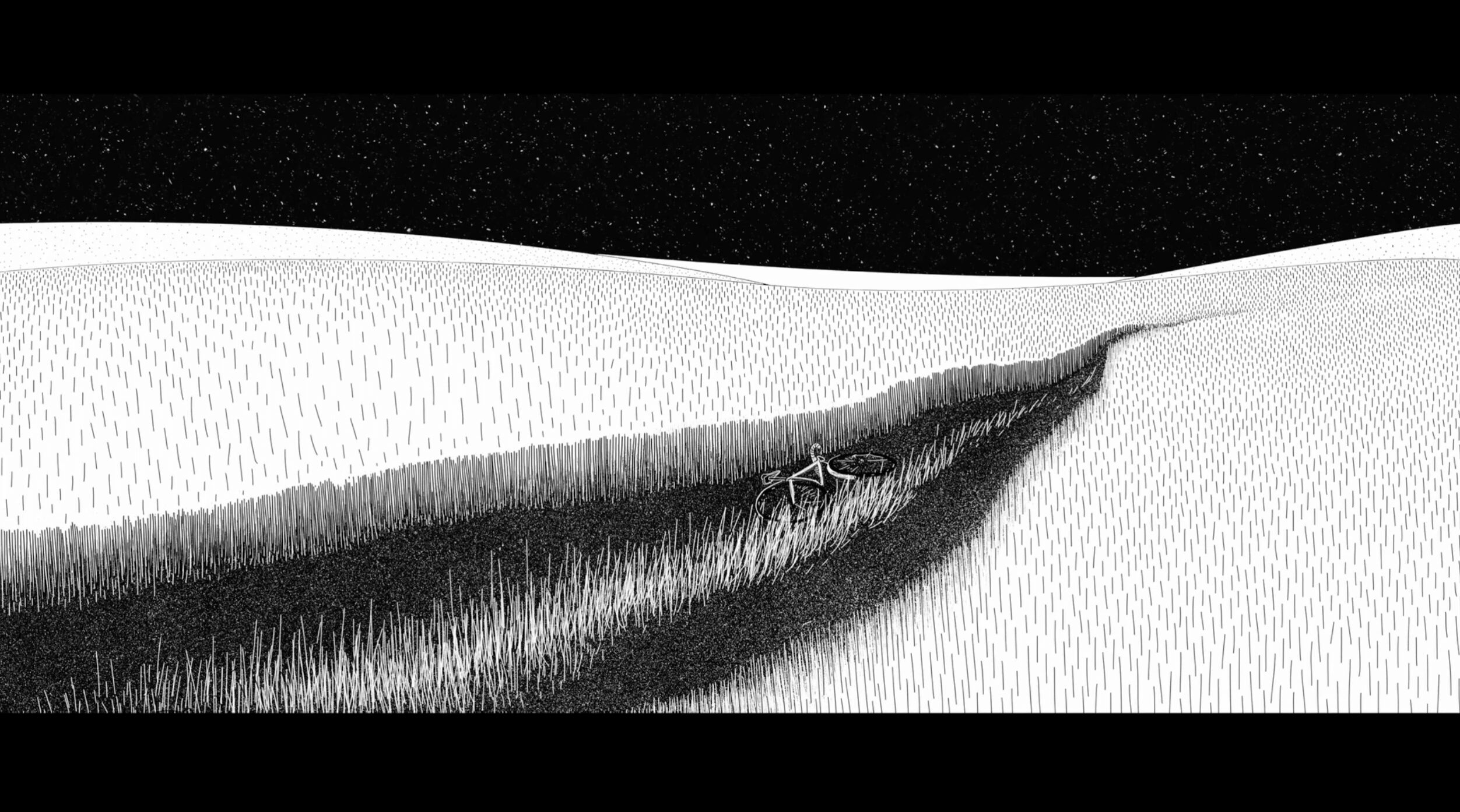 Schwarzweißes Animationsstill in feiner Strichzeichnung: eine dunkle Furche zieht sich durch ein helles Feld unter Sternenhimmel, in der Furche liegt ein umgestürztes Fahrrad
